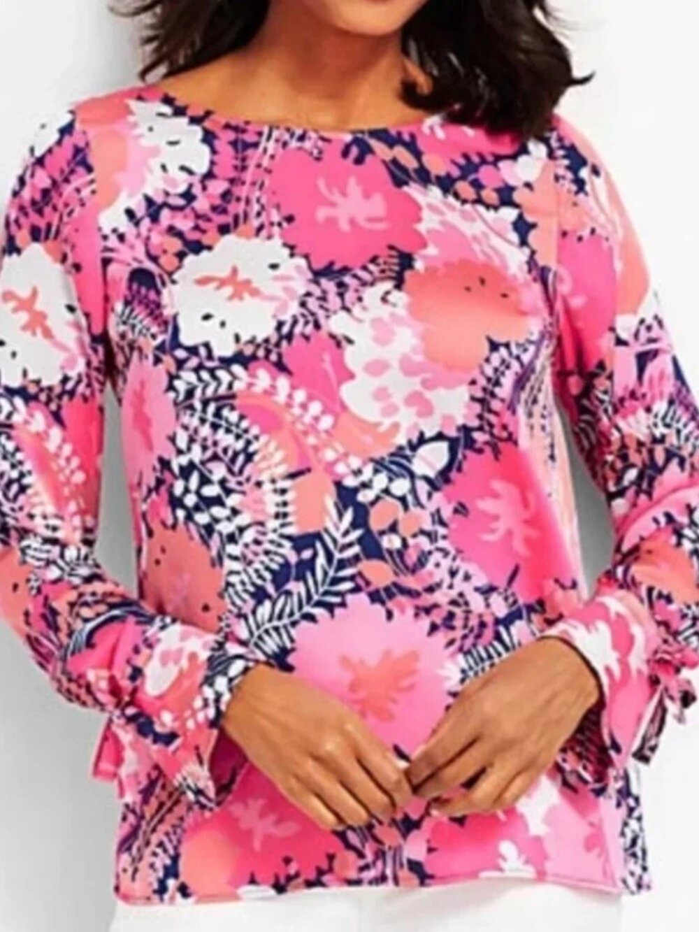 Talbots Pink & Navy Floral Print Tie Sleeve Button Back Blouse Womens Size S